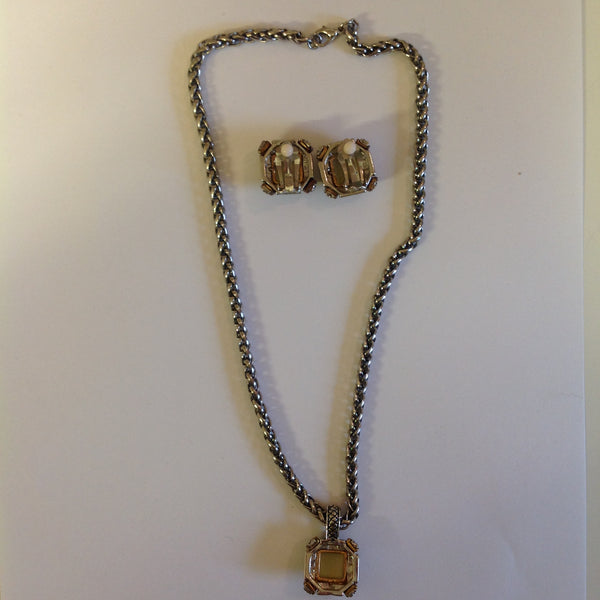 Vintage 1990's Chain Necklace and Clip-On Earrings Set Olive Glass Stone Geometric and Clusters Motif