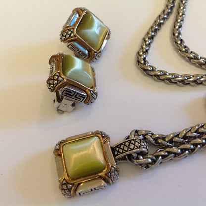 Vintage 1990's Chain Necklace and Clip-On Earrings Set Olive Glass Stone Geometric and Clusters Motif