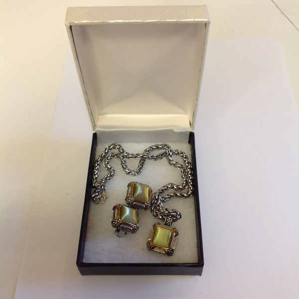 Vintage 1990's Chain Necklace and Clip-On Earrings Set Olive Glass Stone Geometric and Clusters Motif