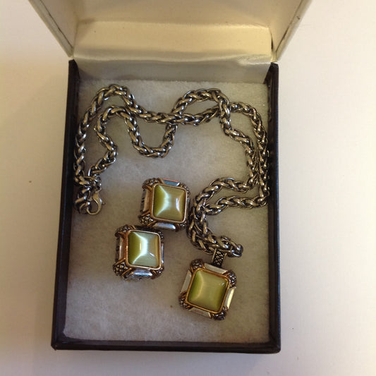 Vintage 1990's Chain Necklace and Clip-On Earrings Set Olive Glass Stone Geometric and Clusters Motif