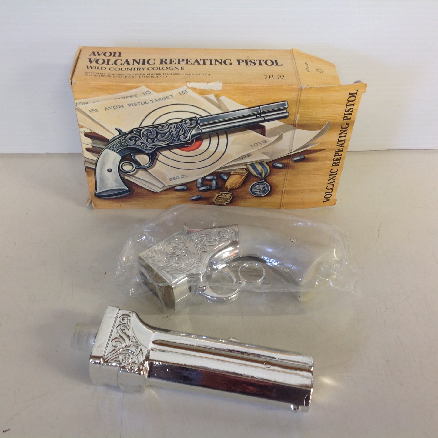 Vintage 1970's AVON Volcanic Repeating Pistol Wild Country Cologne Decanter in Original Box