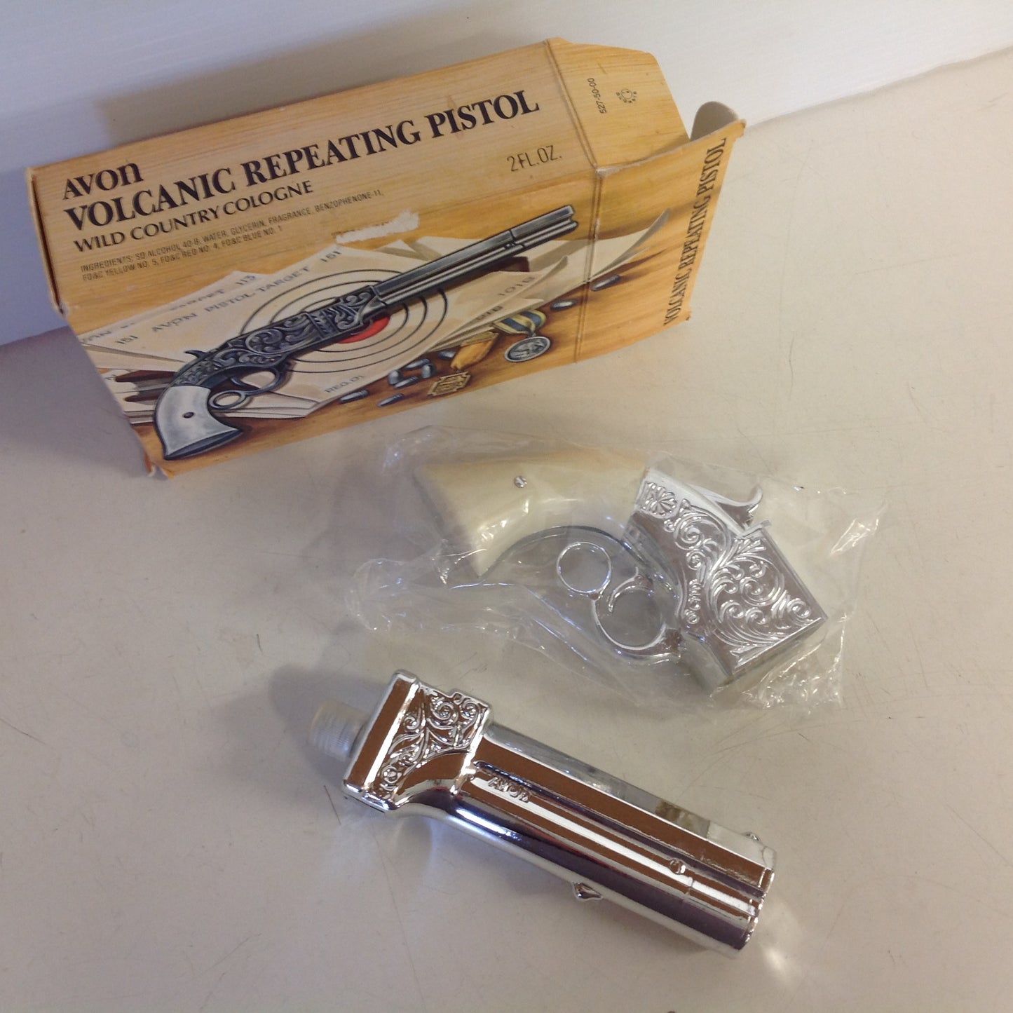 Vintage 1970's AVON Volcanic Repeating Pistol Wild Country Cologne Decanter in Original Box