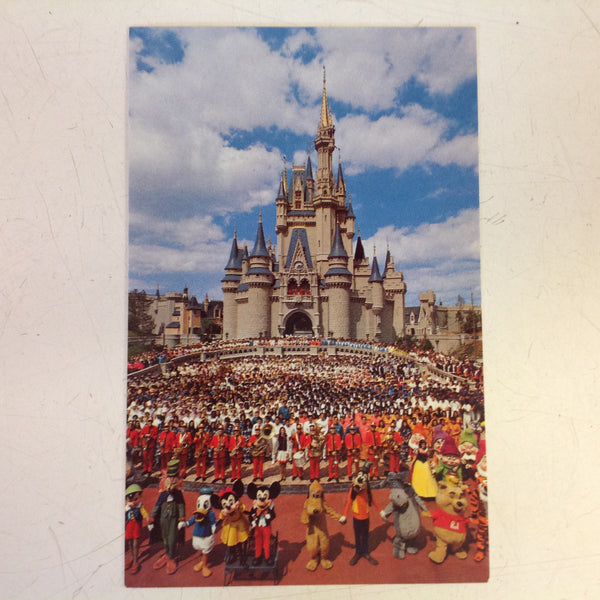 Vintage Walt Disney Productions Souvenir Color Postcard Welcome to Walt Disney World Cinderella Castle Mickey Mouse Cast of Thousands Walt Disney World Florida