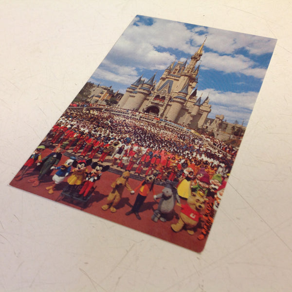 Vintage Walt Disney Productions Souvenir Color Postcard Welcome to Walt Disney World Cinderella Castle Mickey Mouse Cast of Thousands Walt Disney World Florida