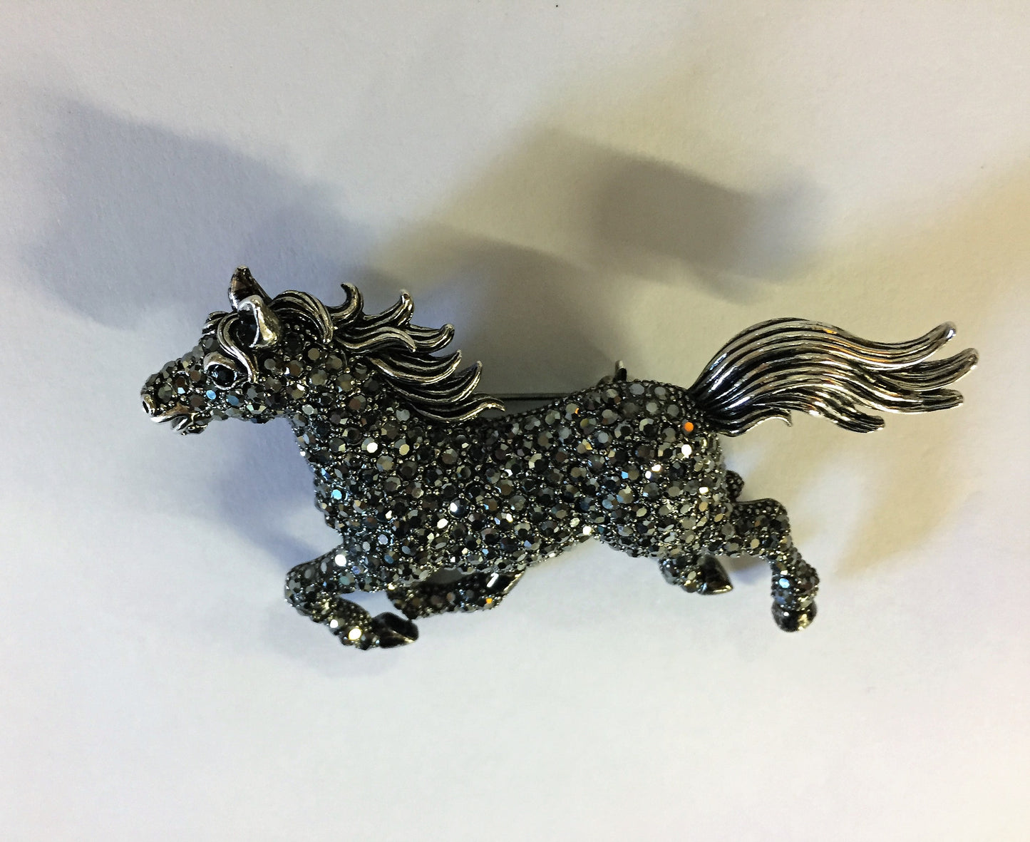 Vintage 1990's OPECKR Marcasite Black Galloping Horse Pin Brooch Silvertone
