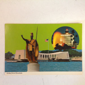 Vintage Color Postcard Aloha From Honolulu Kamehameha WWII Memorial Honolulu International Airport