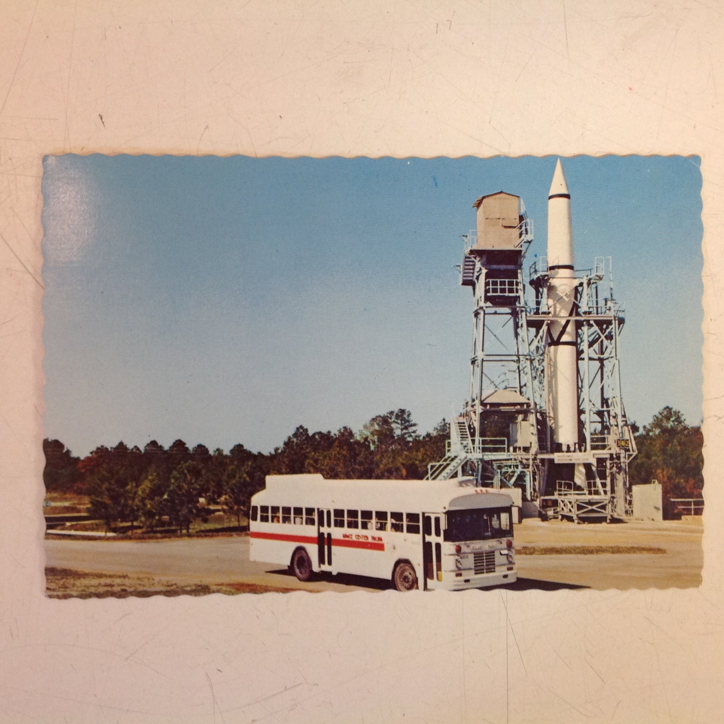 Vintage Color Postcard Historic Redstone Test Stand Marshall Space Flight Center NASA Bus Alabama Space and Rocket Center Huntsville Alabama
