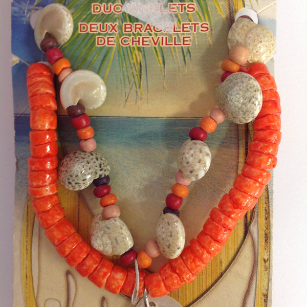 Vintage Authentic Panama Jack Duo Ankle Bracelets in Orange Beads and Shell