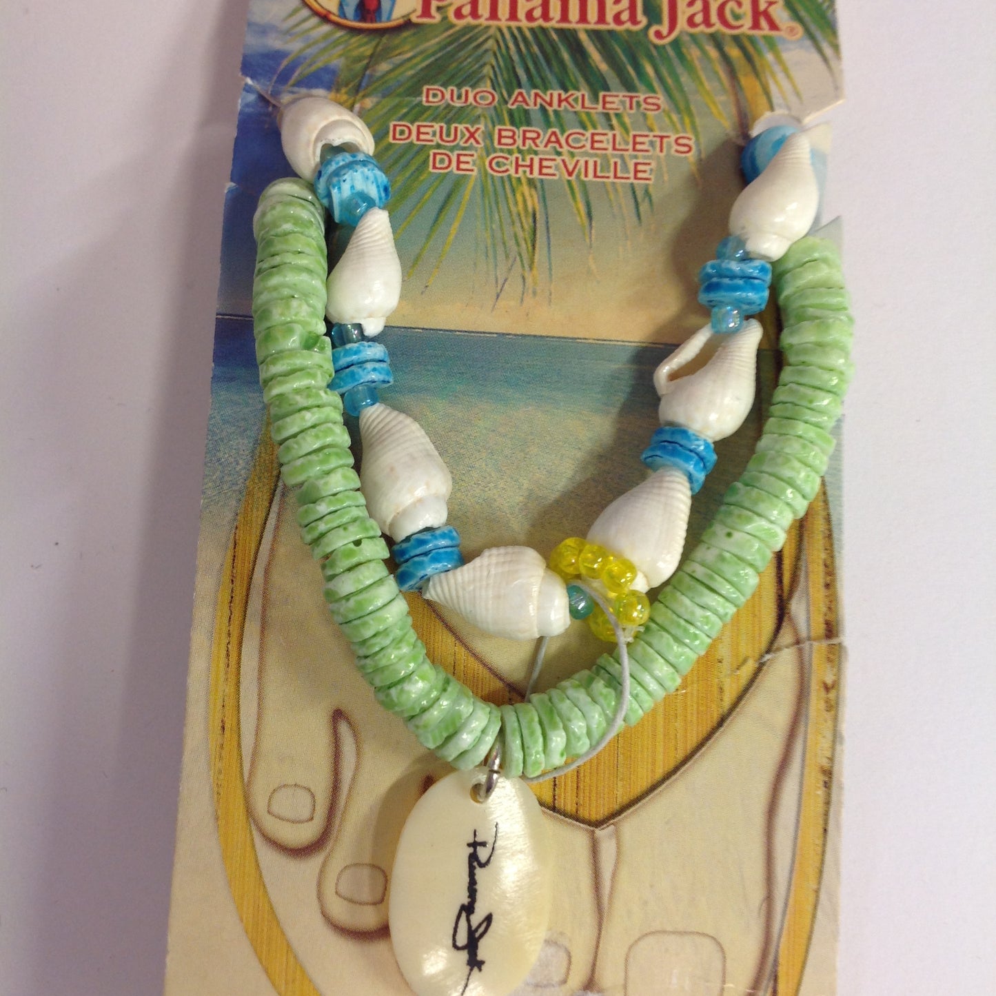 Vintage Authentic Panama Jack Duo Ankle Bracelet in Blue and Green Beads with White Shell