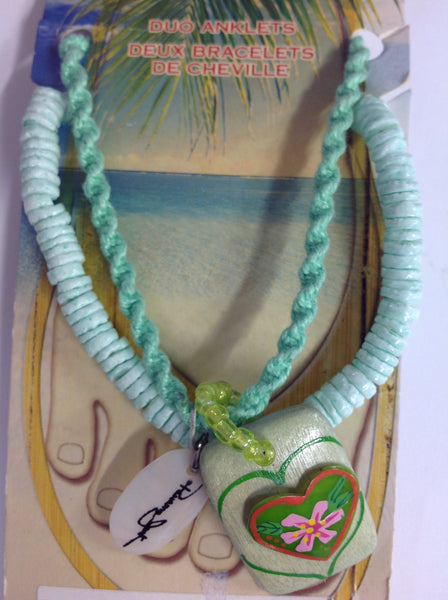 Vintage Authentic Panama Jack Duo Ankle Bracelet with Green White Bead and Rope with Tropical Flower Heart Pendant on Stone