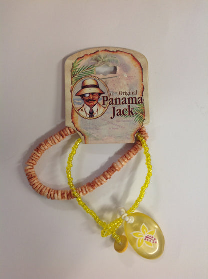 Vintage Authentic Panama Jack Duo Ankle Bracelets in Pink Stone and Yellow Beads with Tropical Orchid Pendant