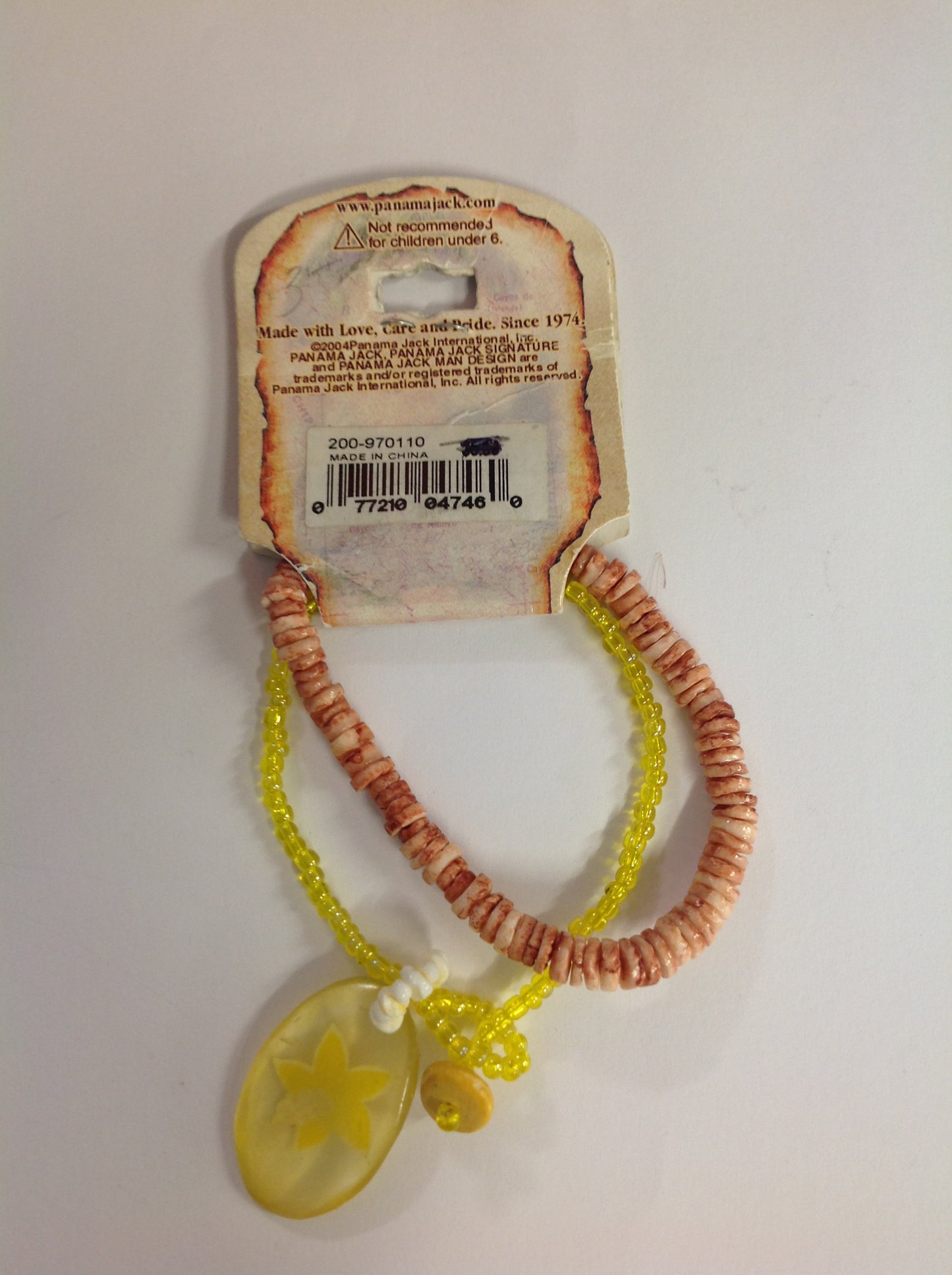 Vintage Authentic Panama Jack Duo Ankle Bracelets in Pink Stone and Yellow Beads with Tropical Orchid Pendant