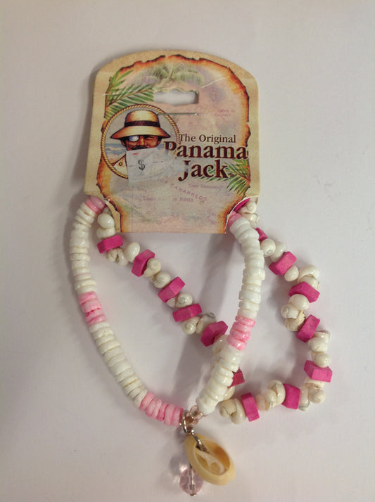 Vintage Authentic Panama Jack Duo Ankle Bracelet in Pink and White Beads with Shell and Pink Rhinestone Pendant