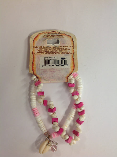 Vintage Authentic Panama Jack Duo Ankle Bracelet in Pink and White Beads with Shell and Pink Rhinestone Pendant