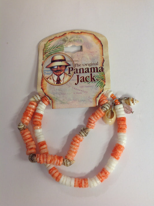 Vintage Authentic Panama Jack Duo Ankle Bracelet in Salmon and White Beads with Shell Accent