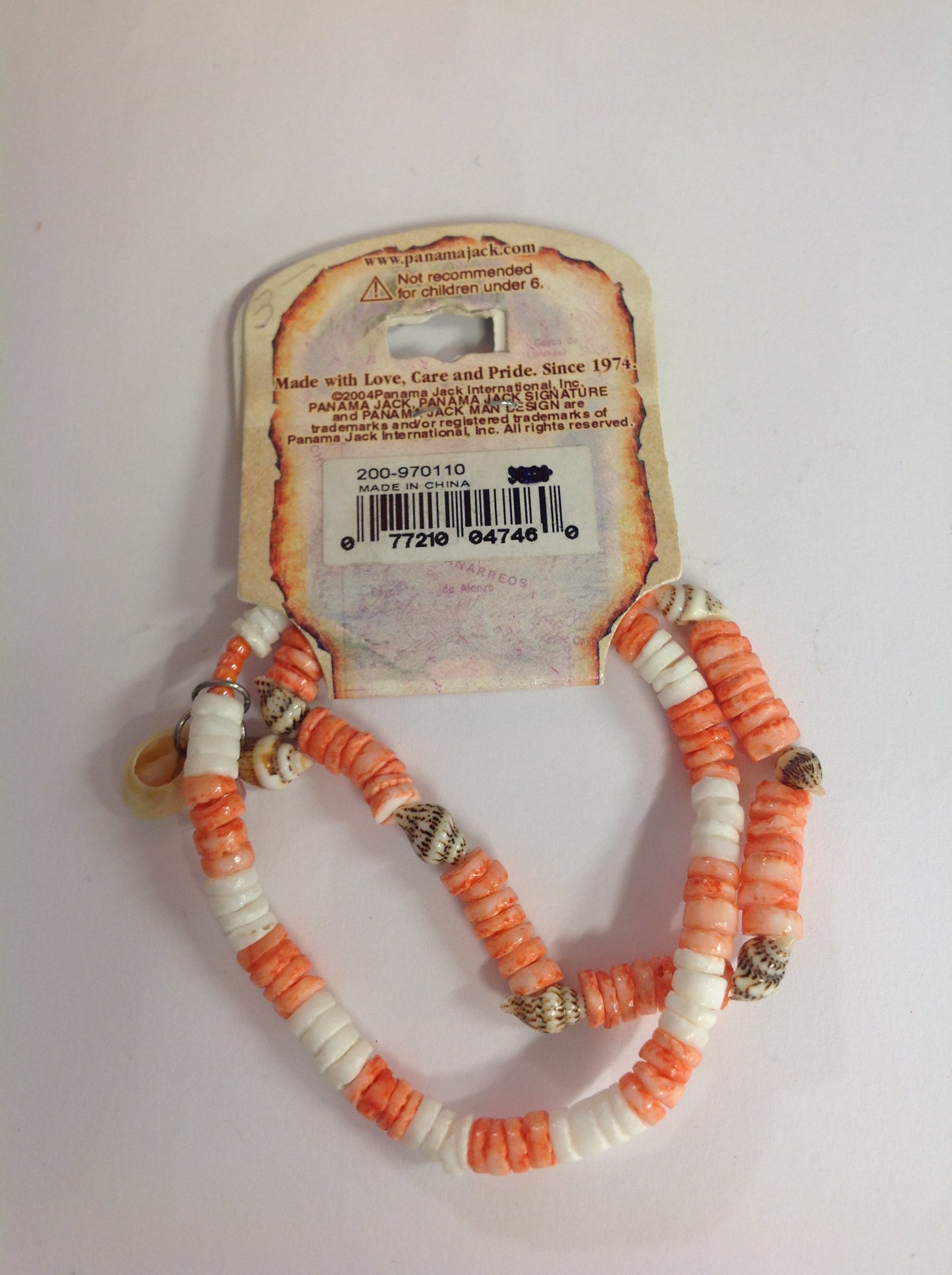 Vintage Authentic Panama Jack Duo Ankle Bracelet in Salmon and White Beads with Shell Accent