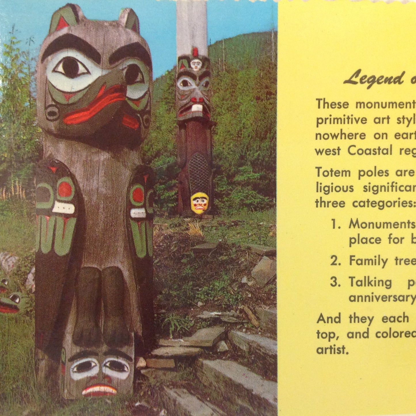 Vintage Curteich Alaska Joe Color Scalloped Edge Postcard Legend of the Totem Pole Anchorage Alaska