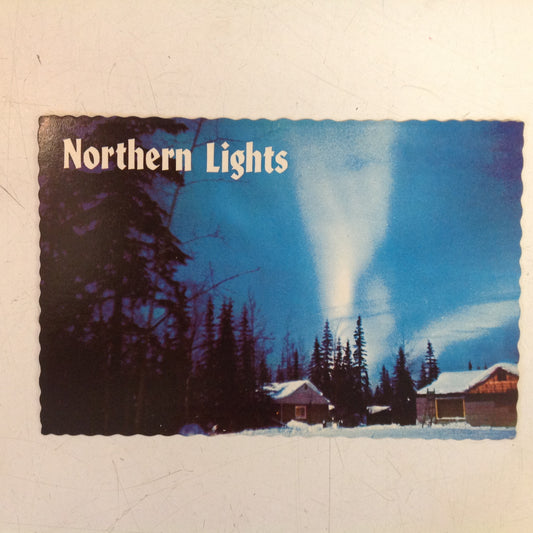 Vintage Continental Card Scalloped Edged Color Postcard Northern Lights Cabins Pine Trees Fairbanks Alaska