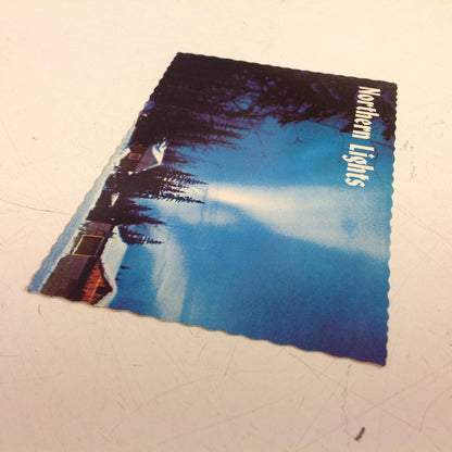 Vintage Continental Card Scalloped Edged Color Postcard Northern Lights Cabins Pine Trees Fairbanks Alaska