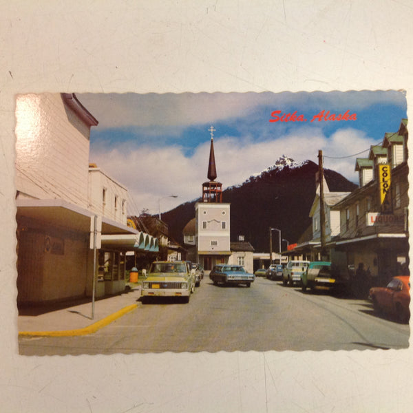 Vintage Continental Card Scalloped Edged Color Postcard Reggie Hibshman Photo Main Street St Michael's Cathedral Russian Church Sitka Alaska