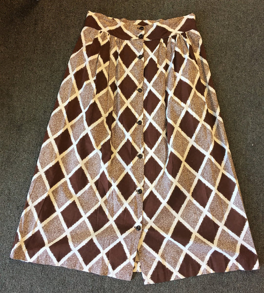 Vintage 1970's Brown Checkered Button Up Circle Skirt W/ Plastic Buttons