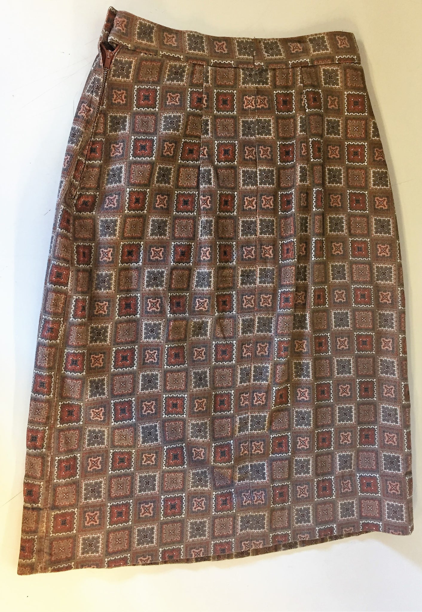 Vintage 1970's Brown Checkered Patterned Corduroy Mini Skirt Wiggle Skirt