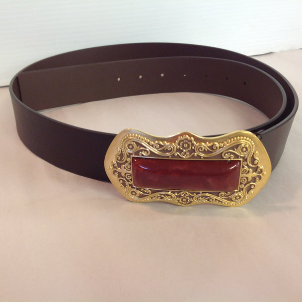 Large Dark Brown Chico's Women's Leather Belt Gold Tone Floral Filigree Marbled Rust Centerpiece Buckle 3