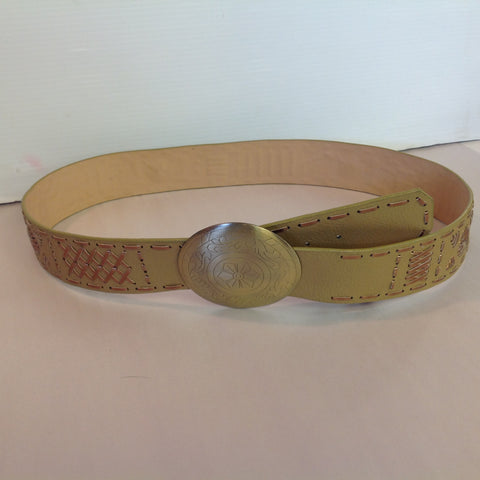 Women's Light Tan XL Aimee Lynn Vinyl Belt Copper Strip Embroidered Pattern Bronze Flower Buckle with Tags 10