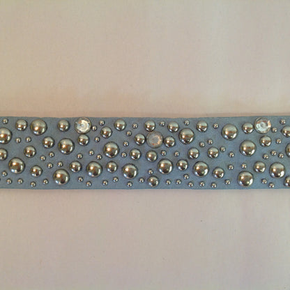 Vintage Women's XXL Powder Blue Suede Leather Belt with Rhinestones and Chromed Studs Buckle 11