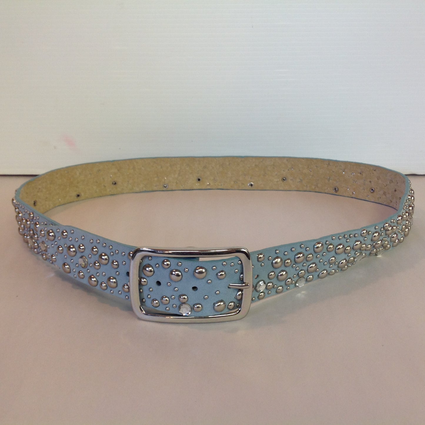 Vintage Women's XXL Powder Blue Suede Leather Belt with Rhinestones and Chromed Studs Buckle 11