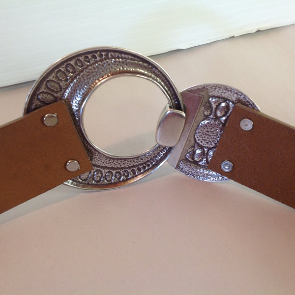 Tan Leather Coldwater Creek Ladies' Belt Silvertone Crescent Filigree and Circle Buckle 2