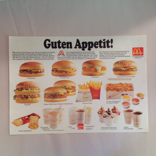 Vintage 1980's German Language McDonald's Austria Paper Tray Liner Guten Appetit Color Photo Menu