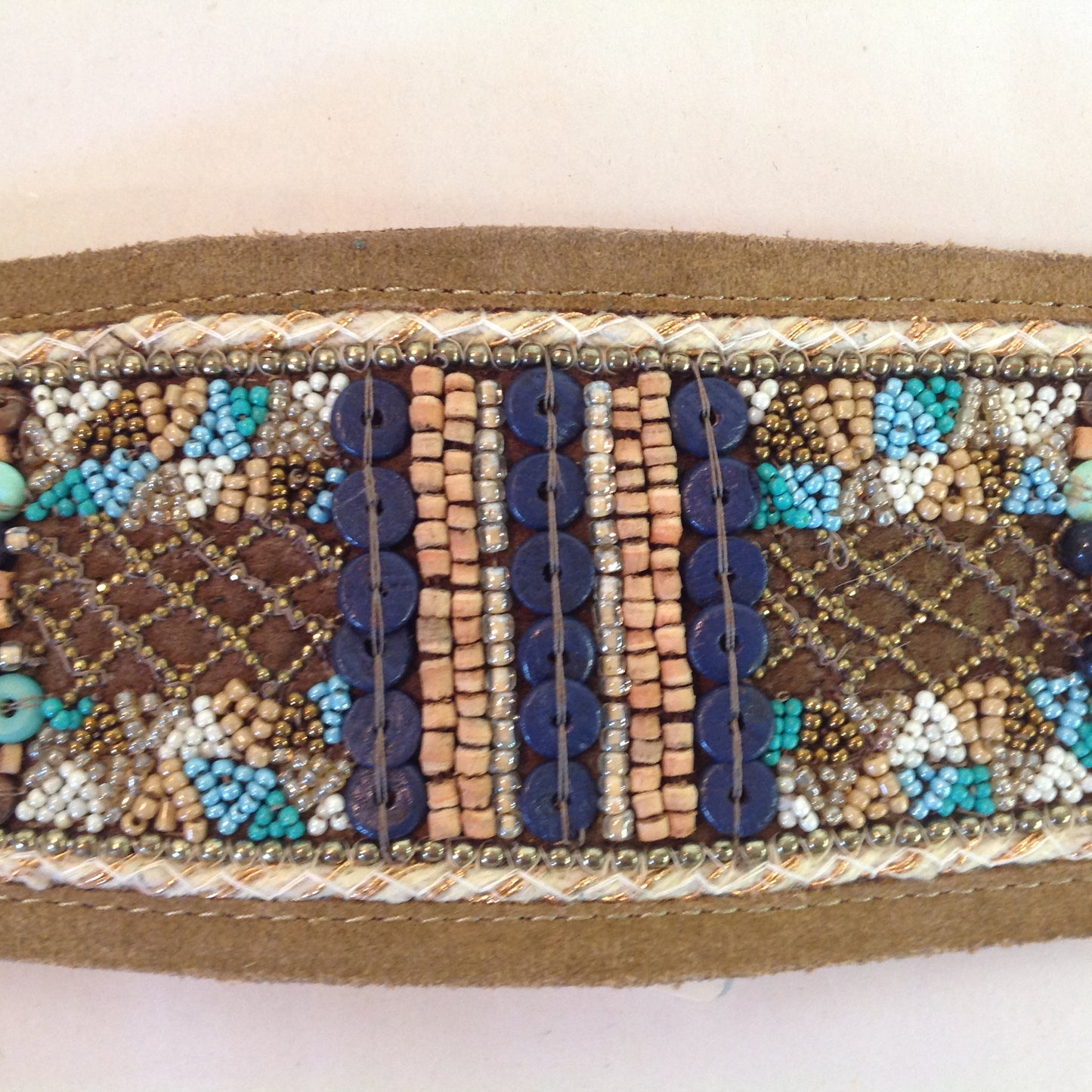 Chico's Women's Large Leather and Polyester Tan Stretch Belt Embroidered Beaded Blues and Browns with Tags 12