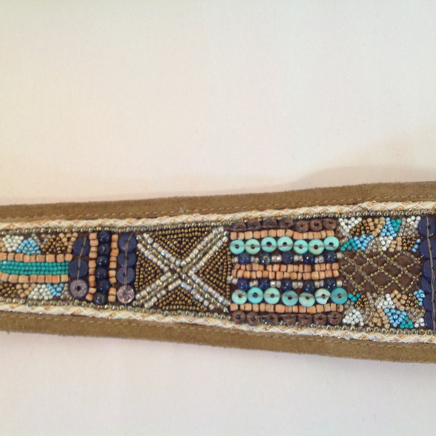 Chico's Women's Large Leather and Polyester Tan Stretch Belt Embroidered Beaded Blues and Browns with Tags 12