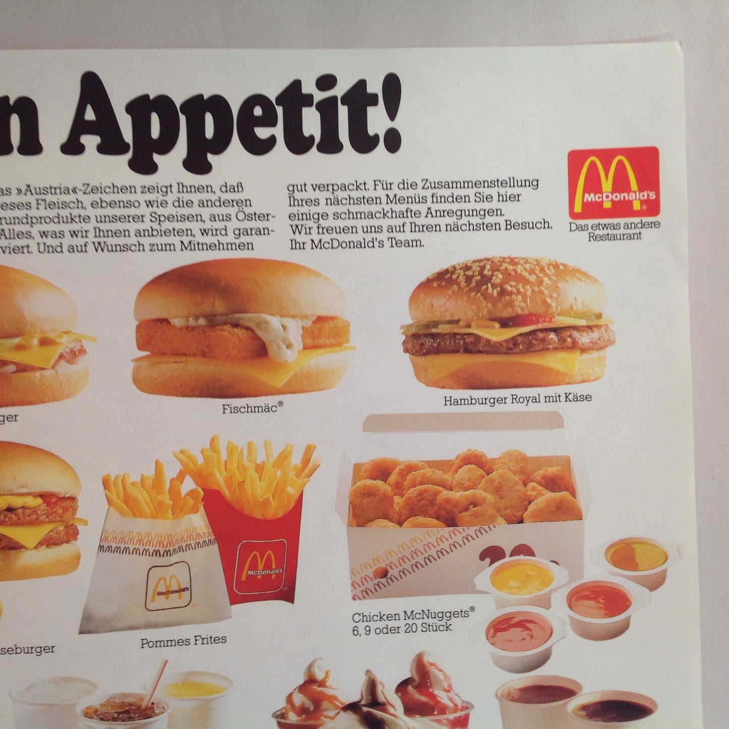 Vintage 1980's German Language McDonald's Austria Paper Tray Liner Guten Appetit Color Photo Menu