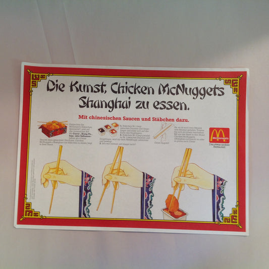Vintage 1980's German Language McDonald's Paper Tray Liner Chicken McNuggets Shanghai Chopsticks Dipping Sauce