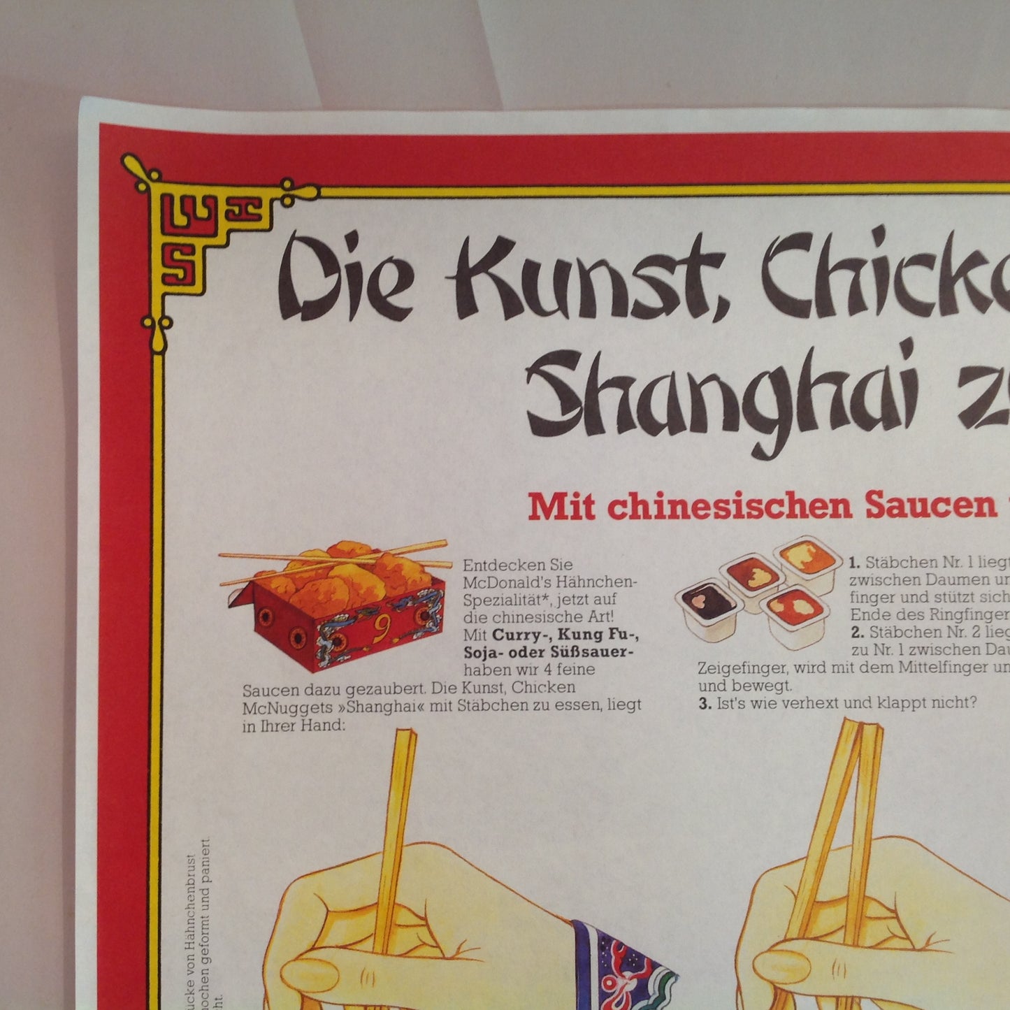 Vintage 1980's German Language McDonald's Paper Tray Liner Chicken McNuggets Shanghai Chopsticks Dipping Sauce