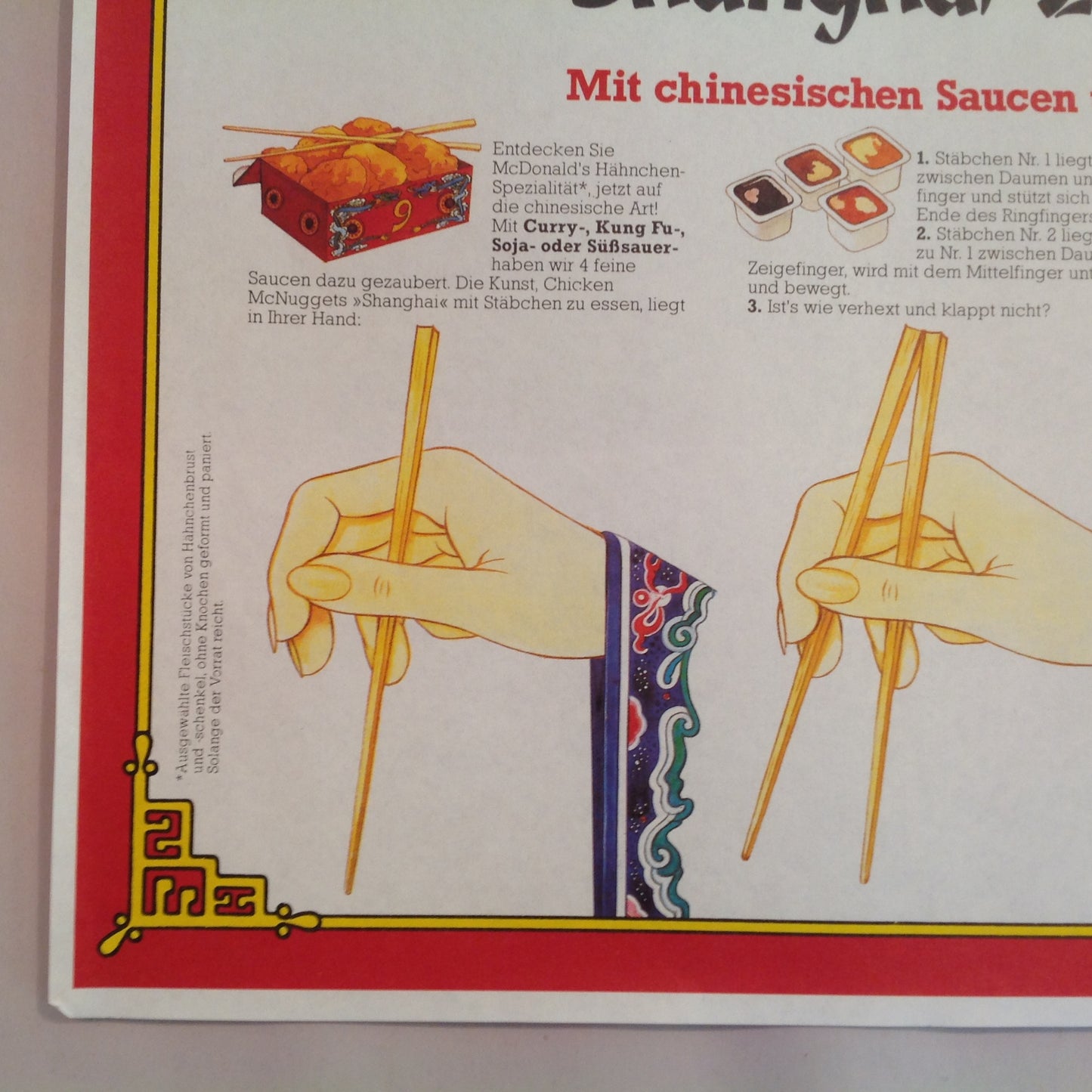 Vintage 1980's German Language McDonald's Paper Tray Liner Chicken McNuggets Shanghai Chopsticks Dipping Sauce