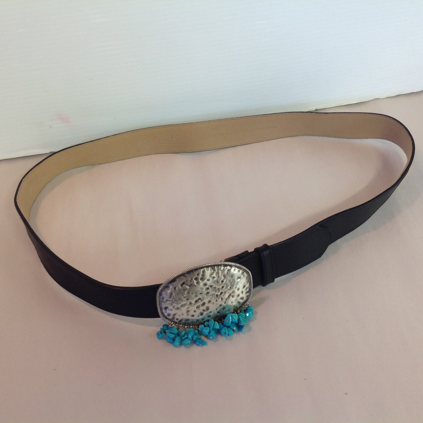 Women's 2XL Coldwater Creek Black Leather Belt Hammered Metal Buckle with Faux Turquoise Dangle Beading  15