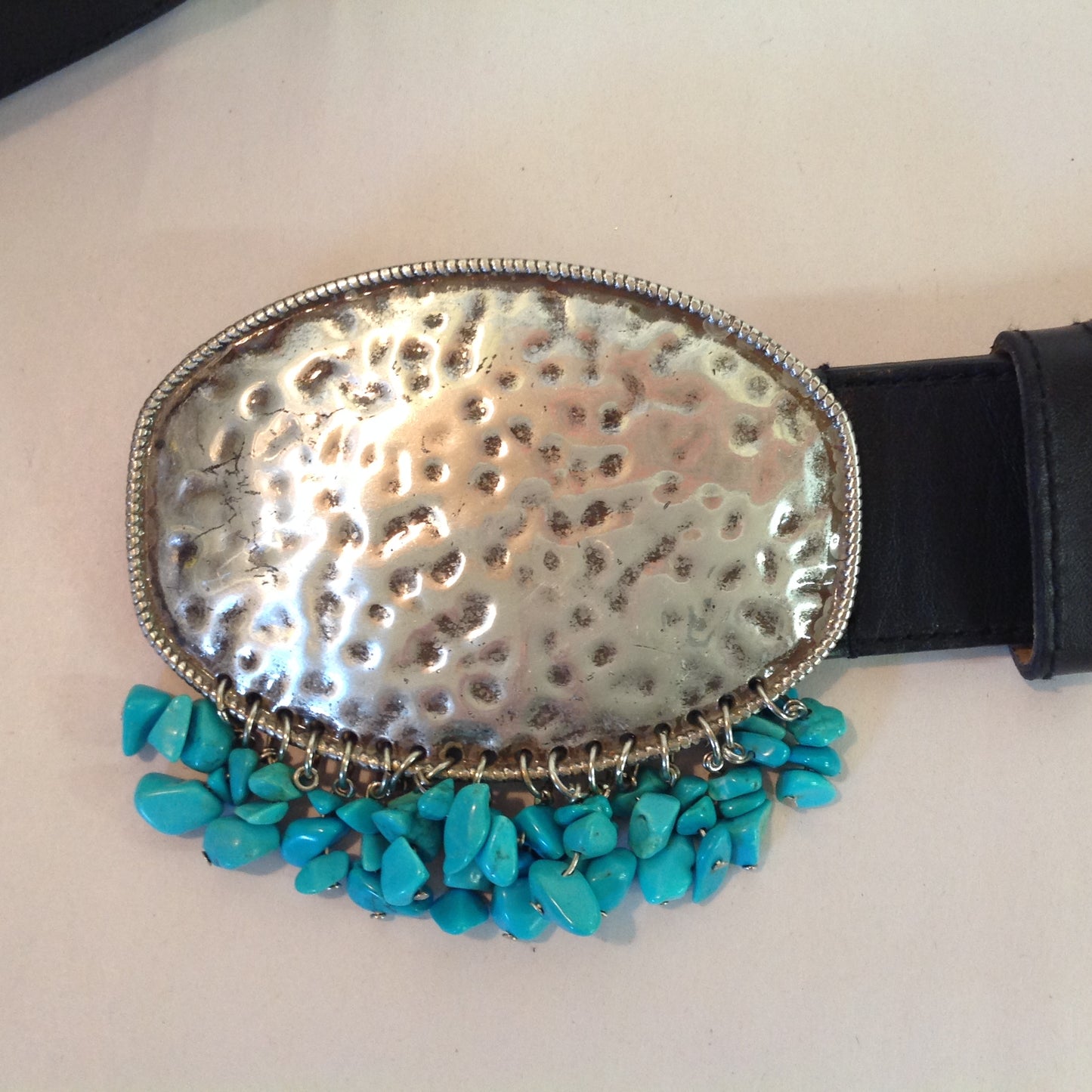 Women's 2XL Coldwater Creek Black Leather Belt Hammered Metal Buckle with Faux Turquoise Dangle Beading  15