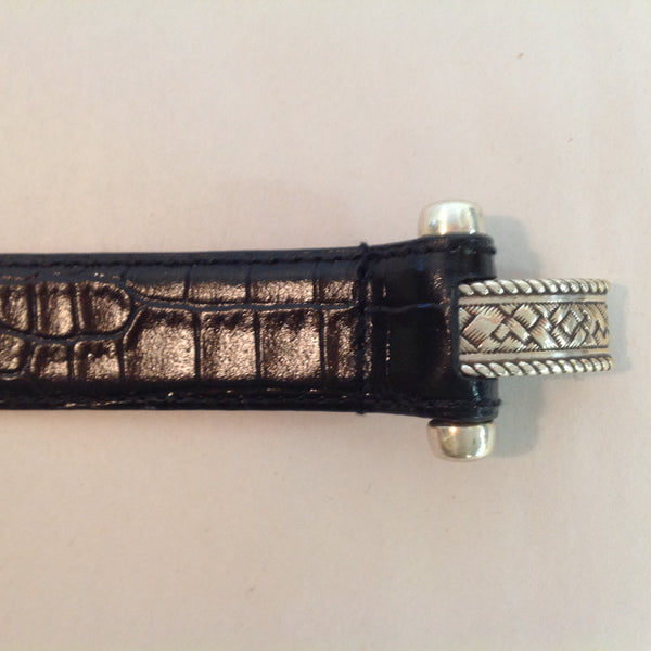 2008 Coldwater Creek Women's L/XL Black Leather Belt Metal Hearts Motif Abstract Geometric Link Hoop Hook Closure 16