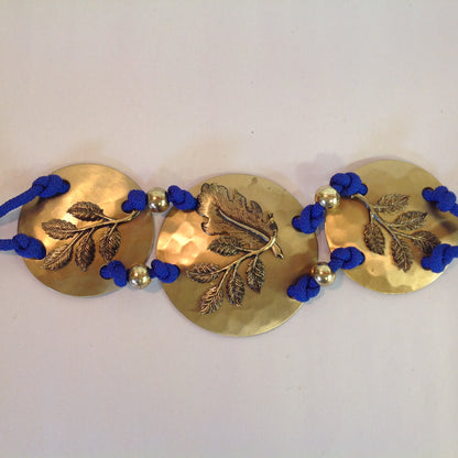 Vintage Blue Cord Stretch Belt with Brass Circle Relief Branch and Leaf Motif 17