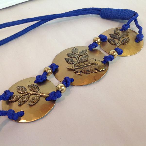 Vintage Blue Cord Stretch Belt with Brass Circle Relief Branch and Leaf Motif 17
