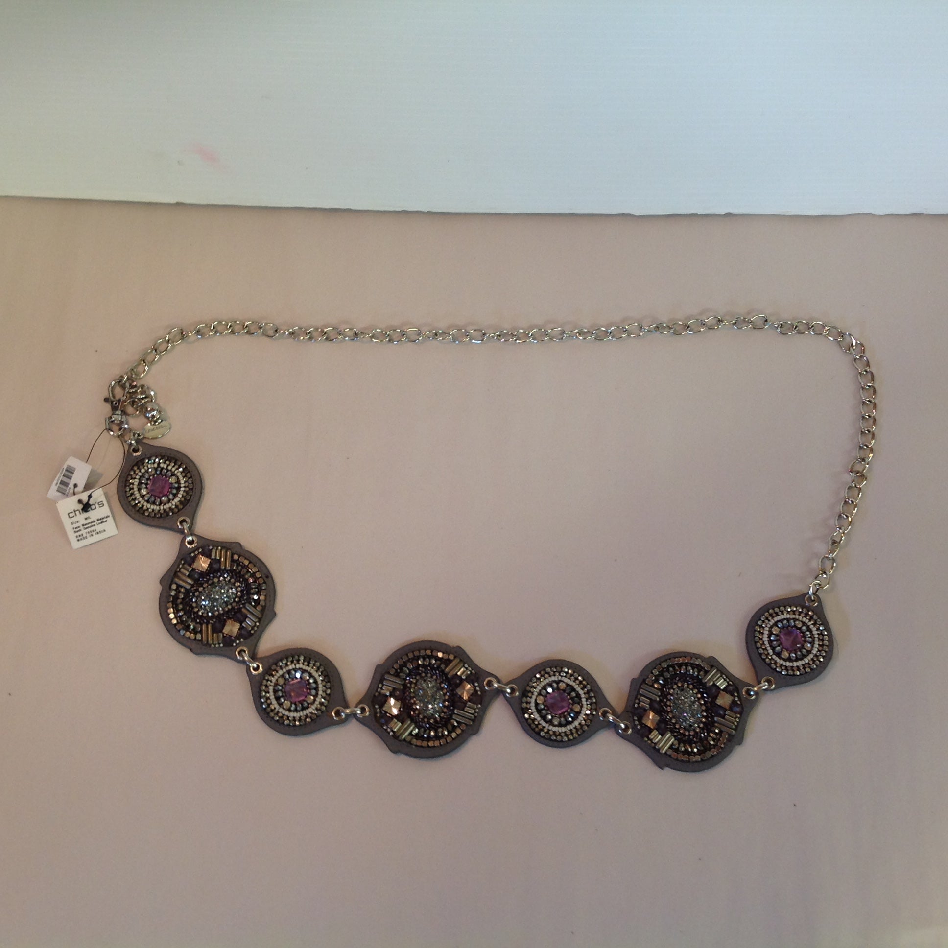 Chico's Women's M/L Grey Black Leather Medallion Violet White Rhinestone Beaded Chain Belt with Tags 23
