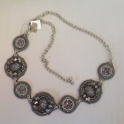 Chico's Women's M/L Grey Black Leather Medallion Violet White Rhinestone Beaded Chain Belt with Tags 23