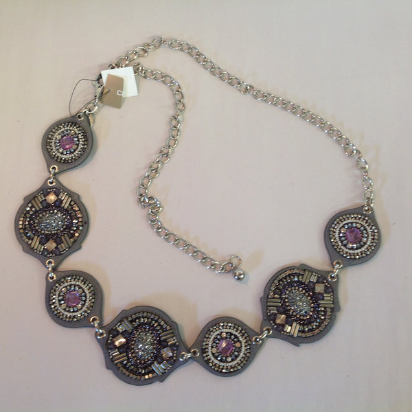 Chico's Women's M/L Grey Black Leather Medallion Violet White Rhinestone Beaded Chain Belt with Tags 23