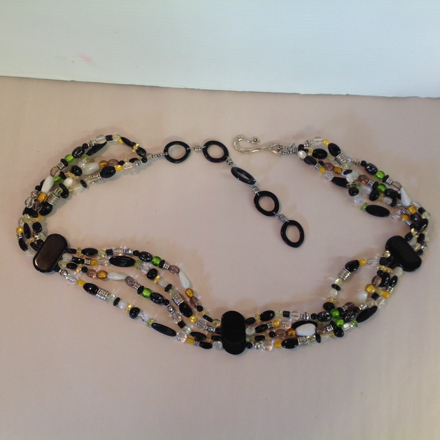 Vintage Coldwater Creek Plastic and Metal Four Strand Beaded Green Black Yellow Women's Belt 26