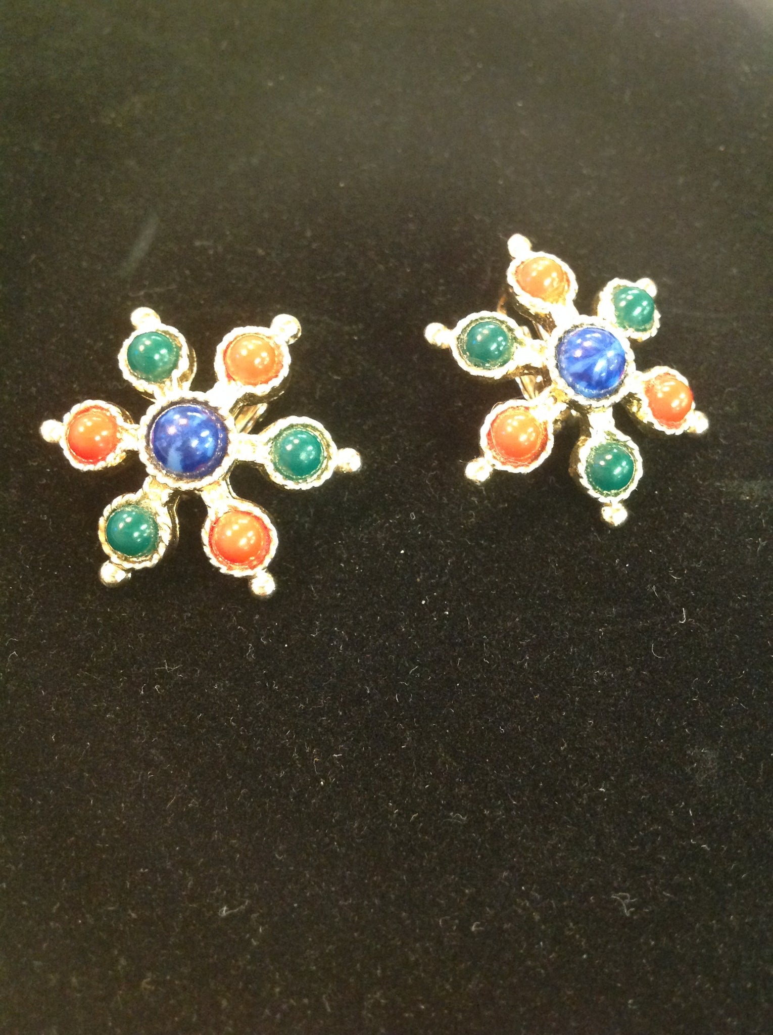 Vintage Clip On Earrings Jolly Candy Red Blue Green Linked Star Filigree Goldtone