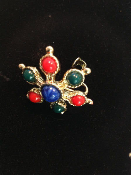 Vintage Clip On Earrings Jolly Candy Red Blue Green Linked Star Filigree Goldtone