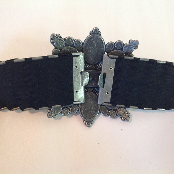 Vintage Women's Stretch Belt Reticulated Metal Filigree with Sun Blossom Grey Violet Glass Rhinestone Buckle 29